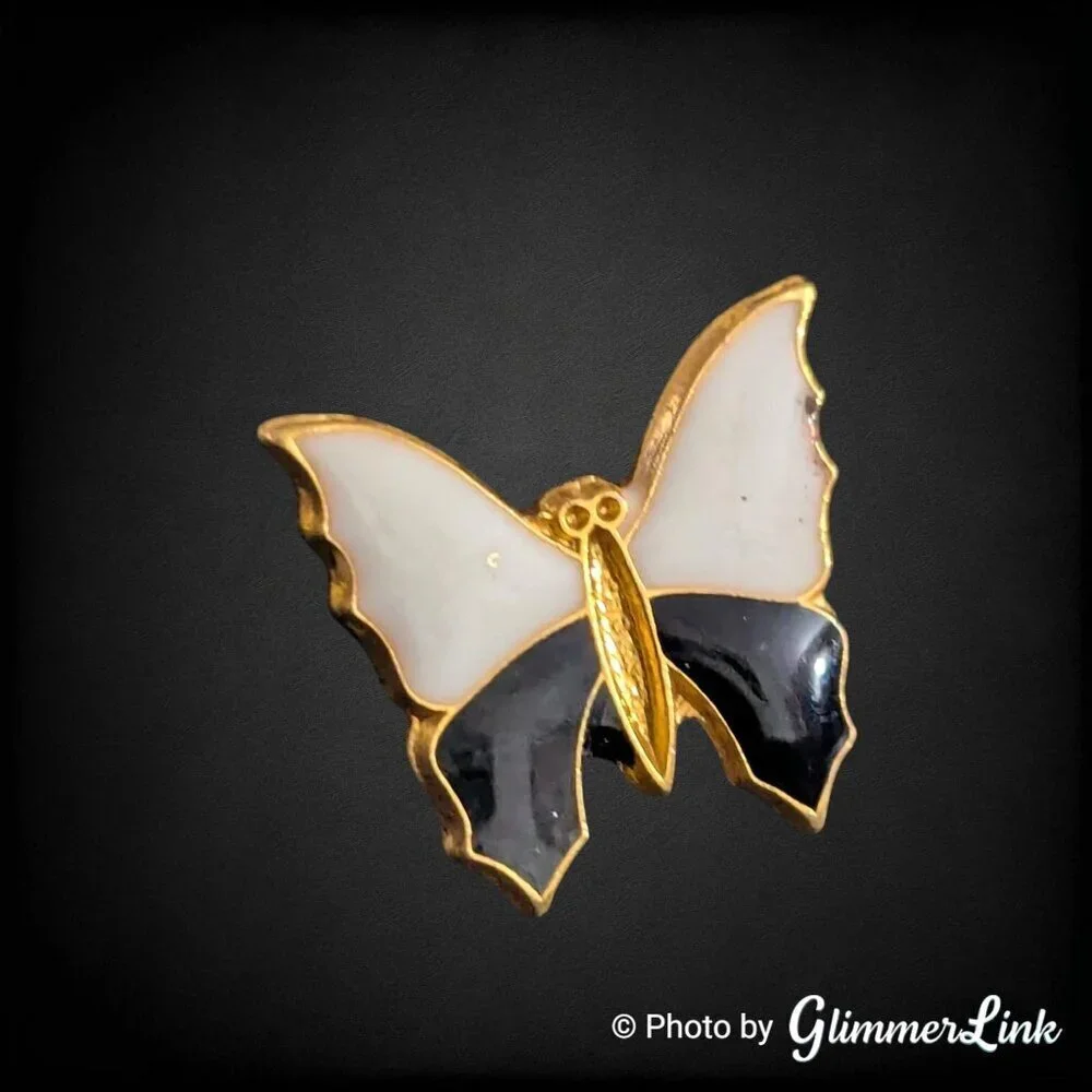 Vintage Dainty Black & White Enamel Butterfly Gold Tone Lapel Pin / Tie Tack